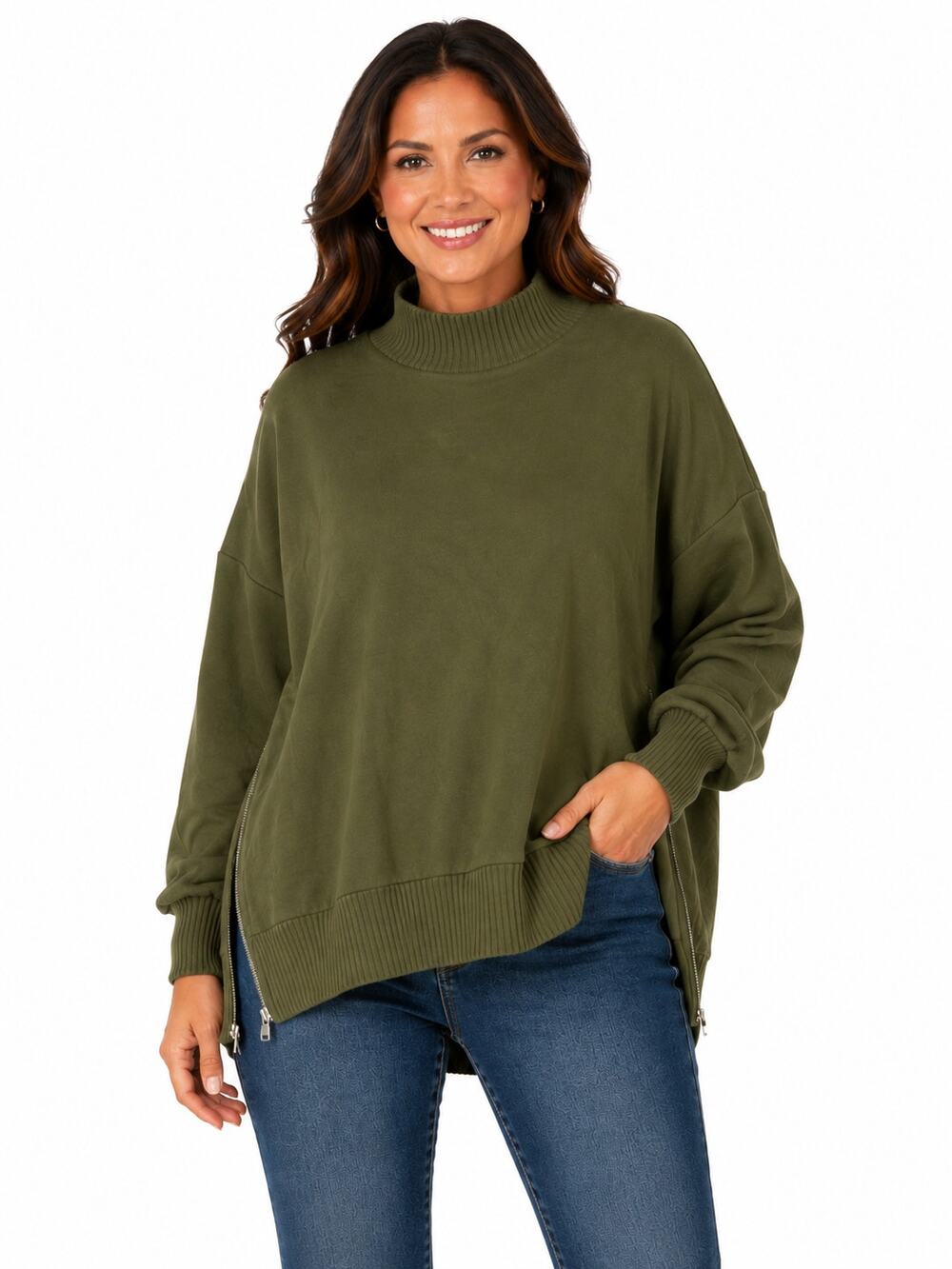 Varley Womens Baker Pullover Olive Green Size L Mockneck Sweater Zipper Sides